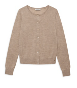 The Moni Crop Cardigan by Anine Bing is a beige, long-sleeve, button-up wool and cashmere sweater with a round neckline and cropped hem, displayed flat on a white background.