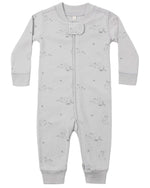 The Quincy Mae Baby Zip Long Sleeve Sleeper is a light grey baby romper crafted from soft organic brushed jersey. It features long sleeves, a front zipper, and a subtle animal print pattern, and is designed with non-slip soles to provide added safety for little ones taking their first steps.