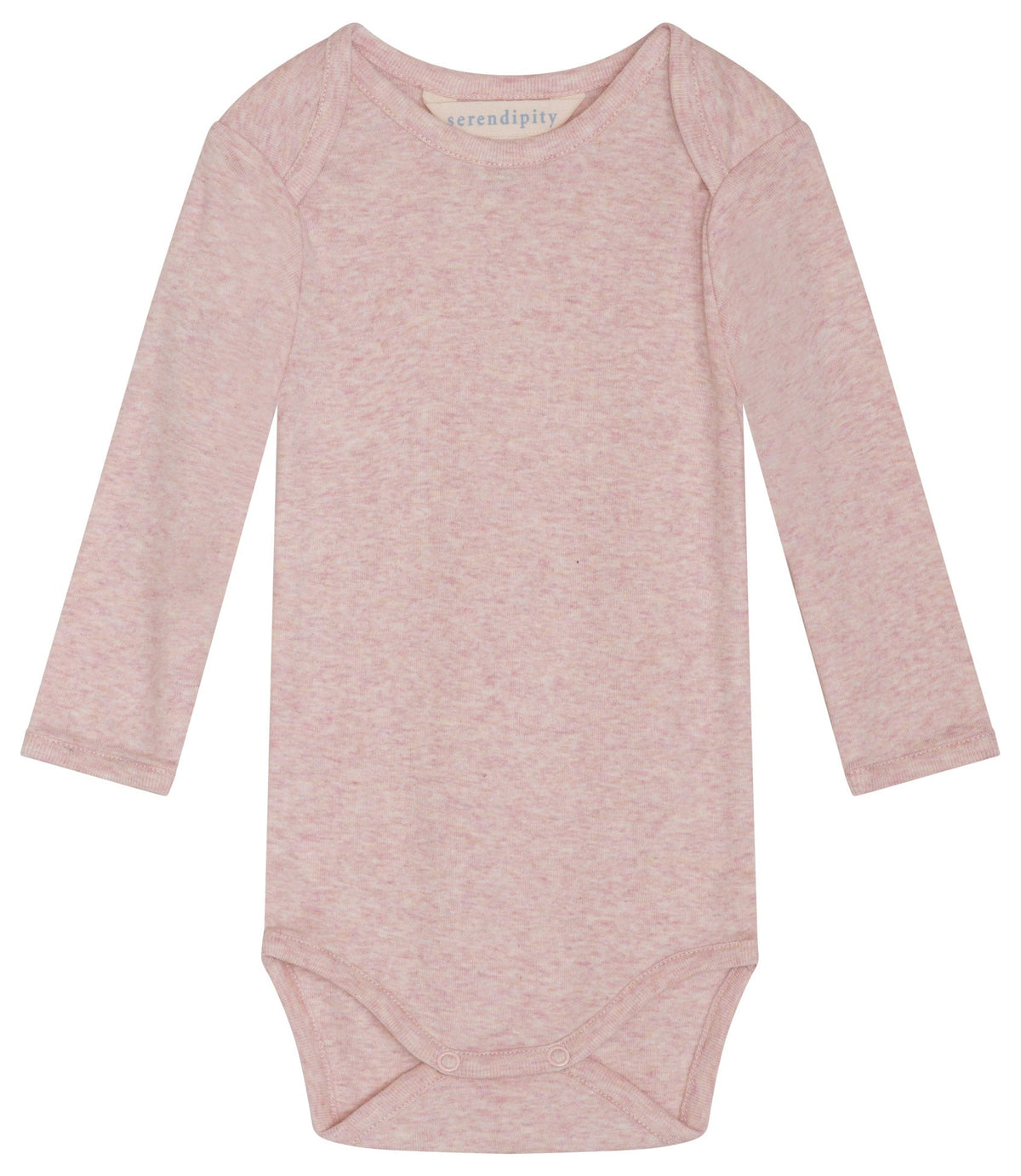 Serendipity Baby Solid Rib Bodysuit in light pink, shown long-sleeved and laid flat on a white background.