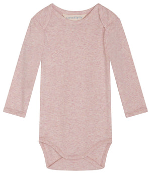 Serendipity Baby Solid Rib Bodysuit in light pink, shown long-sleeved and laid flat on a white background.