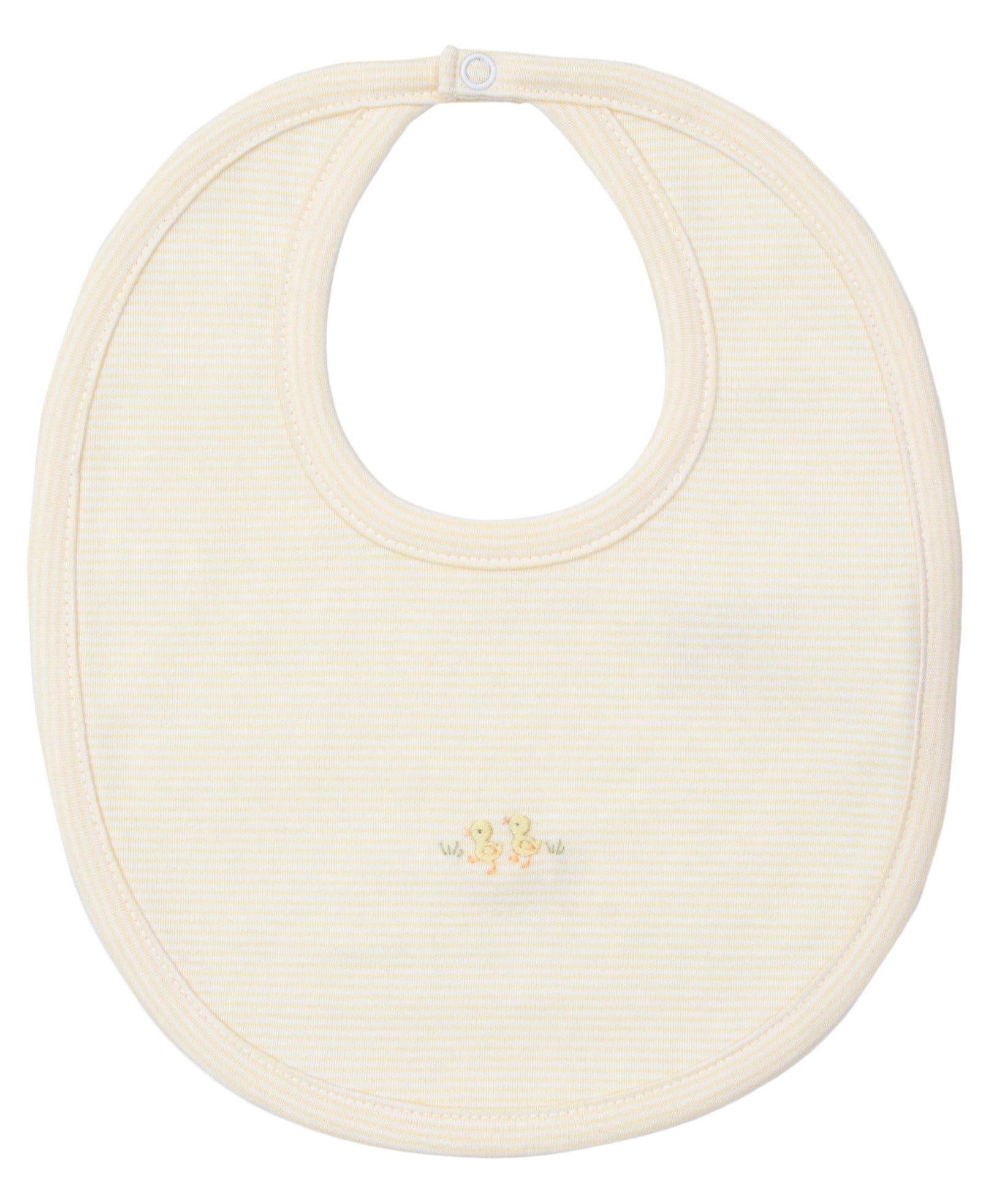 The Kissy Kissy Premier Baby Duckling Striped Bib features cream Pima cotton with subtle stripes and two hand-embroidered yellow ducklings near the bottom center.