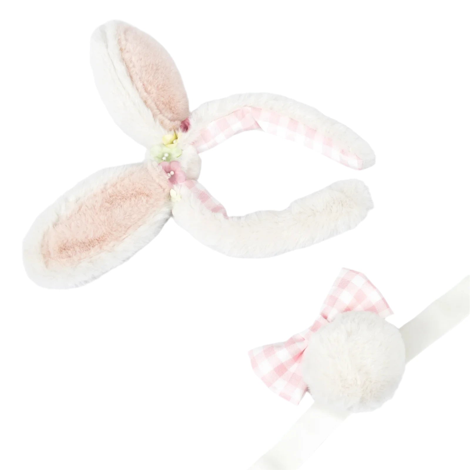 The Meri Meri Plush Bunny Ears & Tail Set includes a fluffy headband with cute bunny ears, a pink bow, and a white pom-pom on a ribbon.