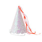 A glittery, silver cone-shaped party hat from Meri Meri adorned with pink and orange ribbons, ideal for a dinosaur-themed celebration.