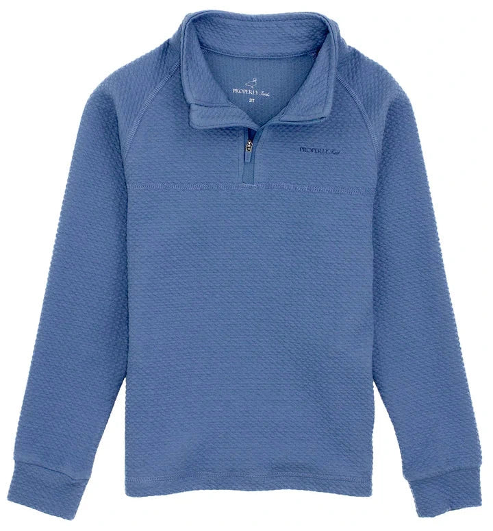The Boys' Palmetto Pullover by Properly Tied features a long sleeve, quilted cotton blend, quarter zip, and stand-up collar, shown on a plain white background.