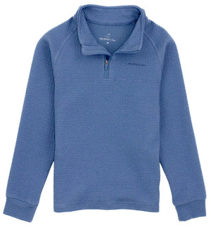 The Boys' Palmetto Pullover by Properly Tied features a long sleeve, quilted cotton blend, quarter zip, and stand-up collar, shown on a plain white background.