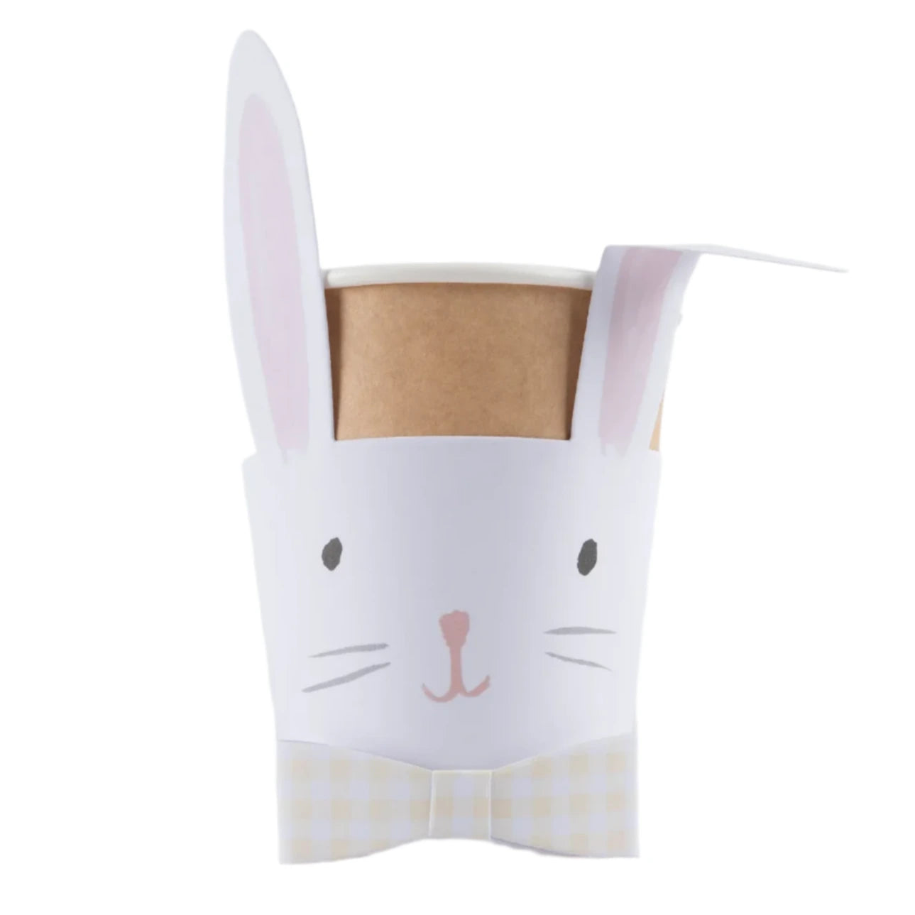 The Lop Eared Bunny Cups by Meri Meri feature a brown paper cup with a white bunny-themed sleeve, pink lop ears, and an adorable face, making them perfect for Easter.