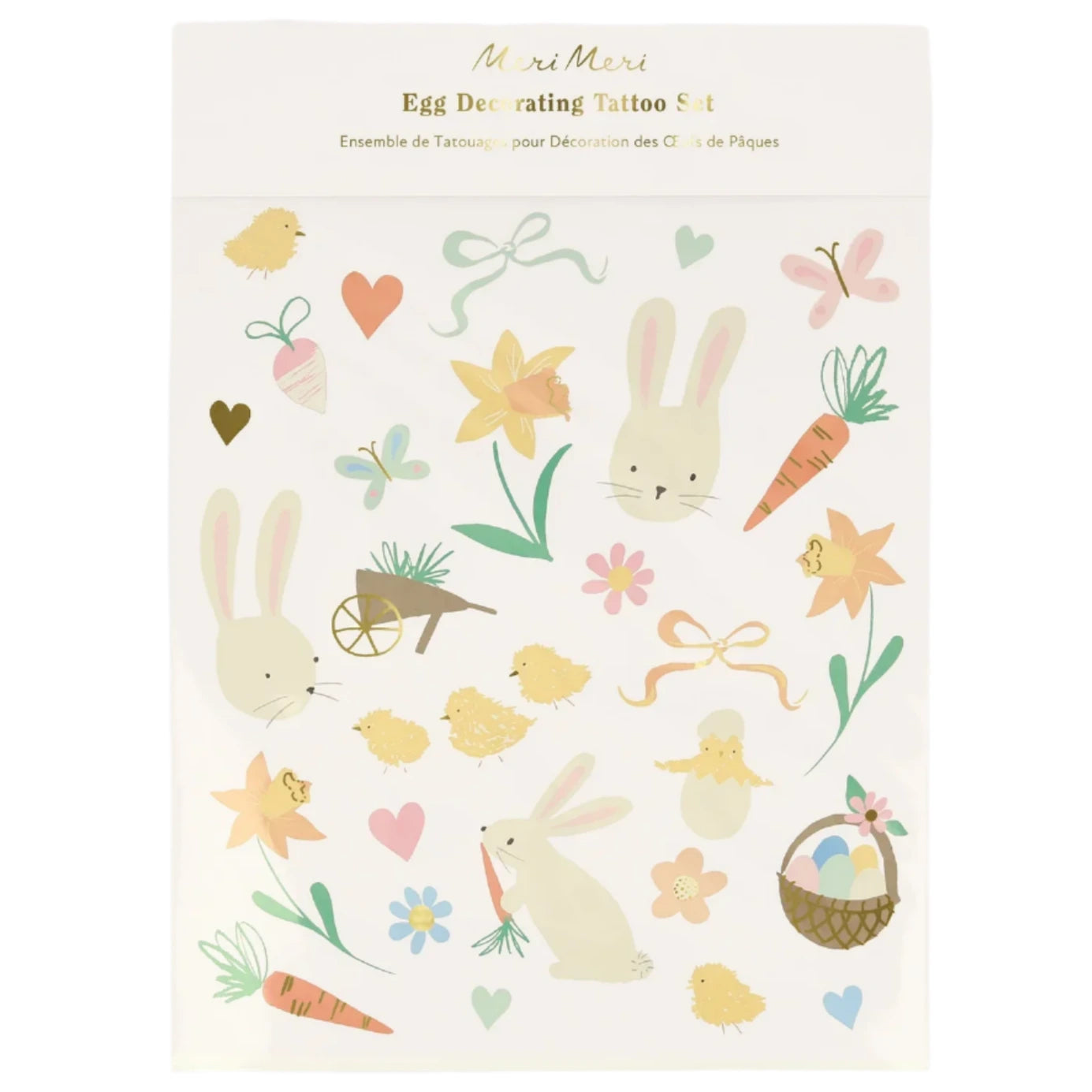 The Easter Icons Egg Decorating Tattoo Set by Meri Meri includes pastel-themed temporary tattoos of bunnies, carrots, chicks, eggs, flowers, and hearts—ideal for an Easter party craft.