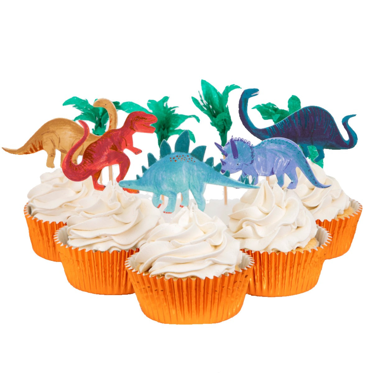 Celebrate in style with the Meri Meri Cupcake Kits from Meri Meri, featuring cupcakes wrapped in vibrant orange, topped with white frosting and finished with playful dinosaur and plant toppers.