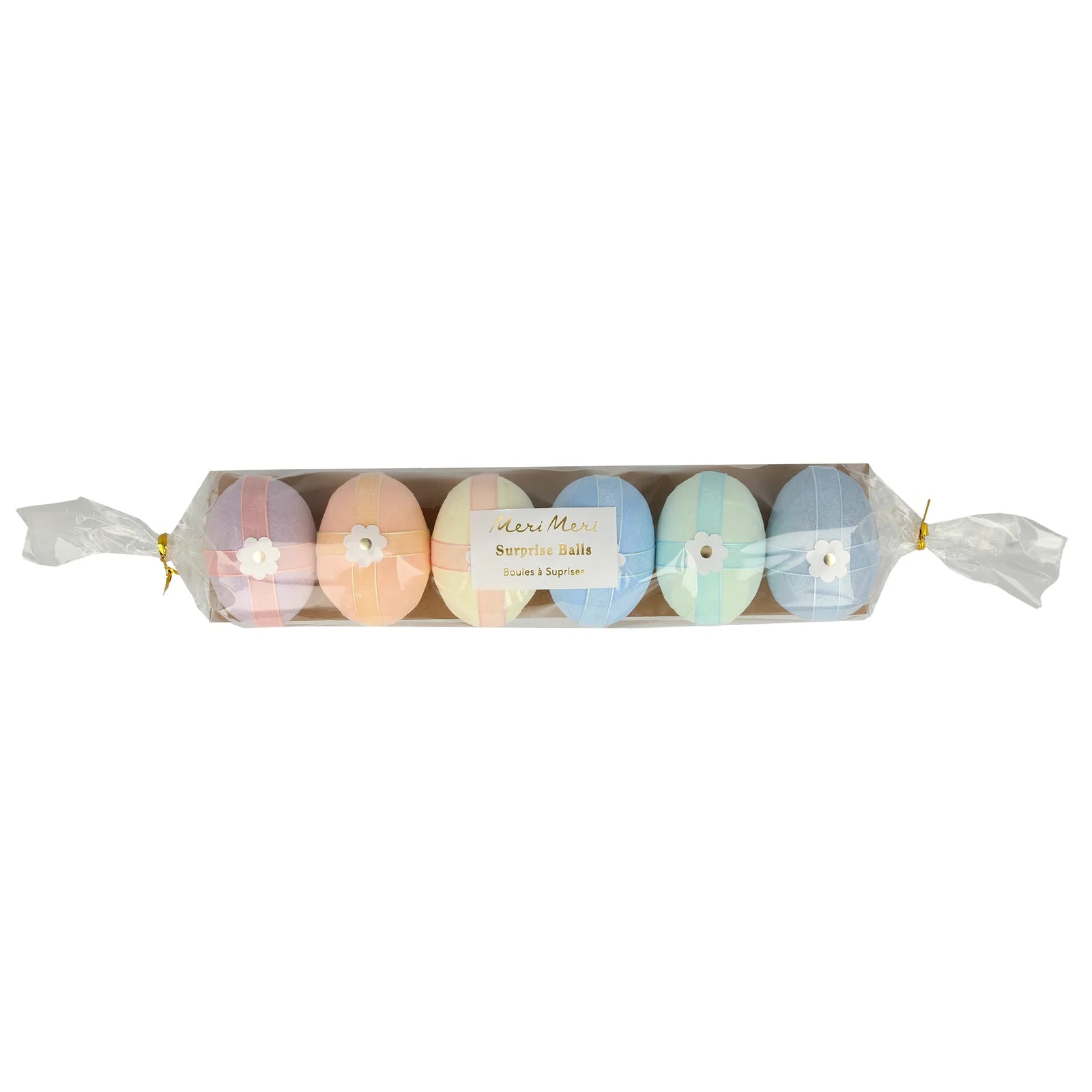 The Surprise Eggs by Meri Meri are a set of six pastel-colored balls, wrapped in tissue paper and elegantly placed in a clear rectangular box, ideal for Easter baskets or as whimsical party decorations.