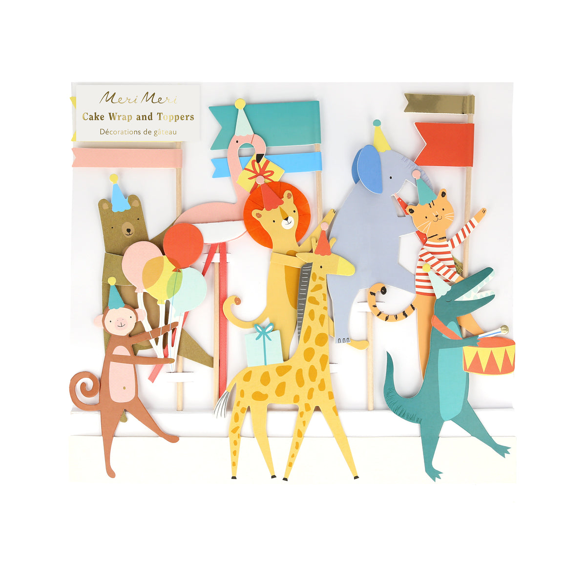 Meri Meri Cake Toppers by Meri Meri feature colorful cartoon animals, including a giraffe, lion, dinosaur, crocodile, and monkey. Each animal is depicted holding party items like balloons, instruments, and flags.