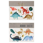 Two sheets of Meri Meri Large Tattoos featuring colorful dinosaur designs, including a T-Rex, Stegosaurus, Triceratops, and others, along with foliage accents. These make an excellent gift for guests or a fun party activity!