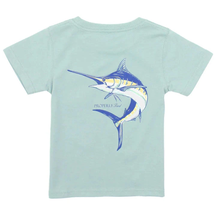 The Boys' Short-Sleeve Tee by Properly Tied is crafted from soft Pima cotton, showcasing a light blue color with hand-drawn marlin graphics and "PROPERLY TIED" text on the back for ultimate comfort.