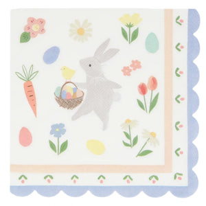 Meri Meri's Easter Bunny Large Napkins feature a gray rabbit holding a basket of Easter eggs among flowers, carrots, a chick, and vibrant eggs, with a blue scalloped border on the right and bottom edges.