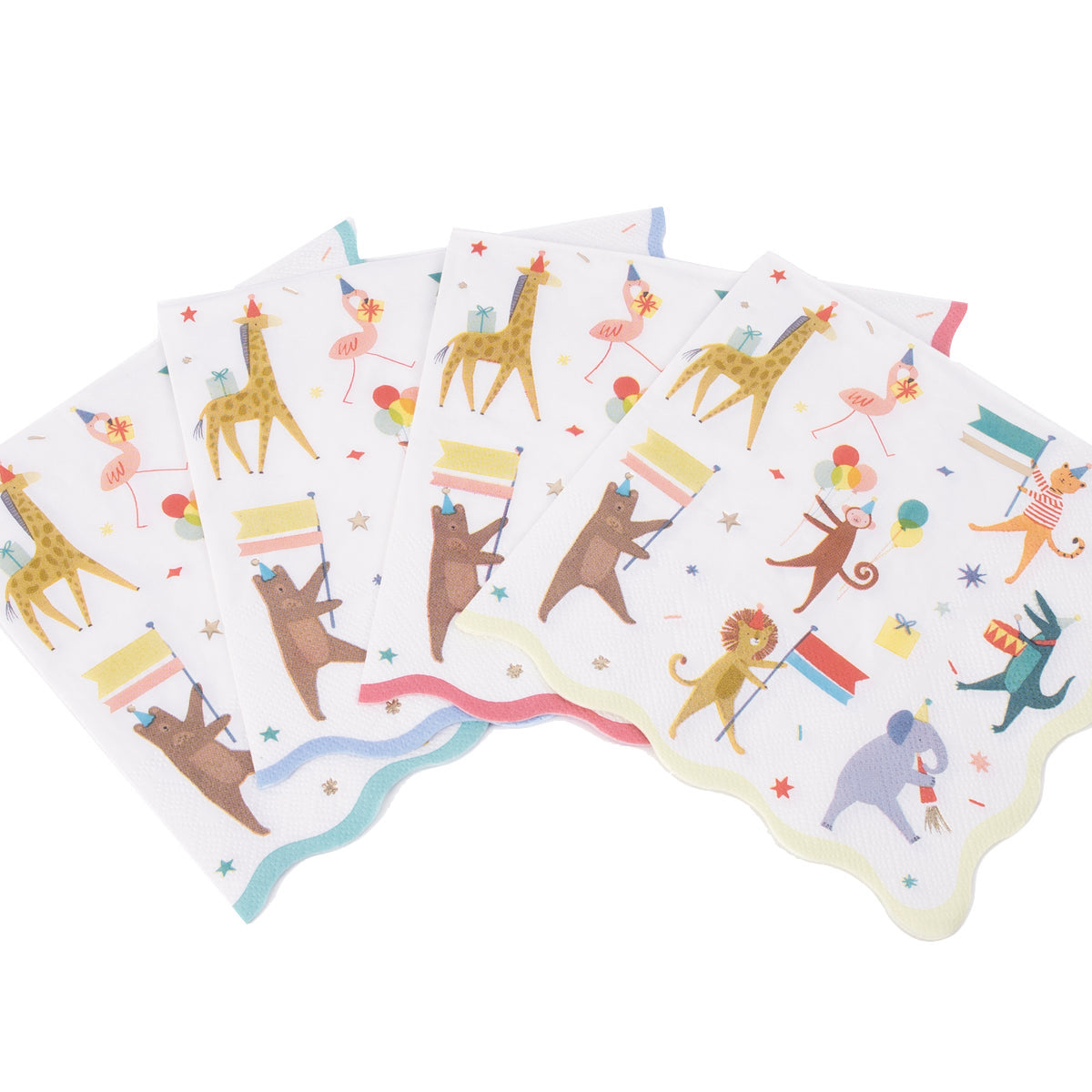 Colorful party napkins featuring cartoon animals holding presents, balloons, and other party items. The Meri Meri Large Napkins from Meri Meri showcase giraffes, bears, lions, mice, and foxes against a white background with wavy edges.