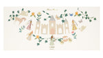 The Meri Meri Princess Party Garland by Meri Meri is an enchanting decoration that showcases a fairytale theme, complete with castles, princesses, animals, a carriage, and floral elements—ideal for a princess party.