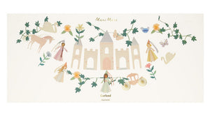 The Meri Meri Princess Party Garland by Meri Meri is an enchanting decoration that showcases a fairytale theme, complete with castles, princesses, animals, a carriage, and floral elements—ideal for a princess party.