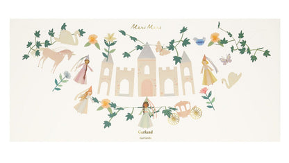 The Meri Meri Princess Party Garland by Meri Meri is an enchanting decoration that showcases a fairytale theme, complete with castles, princesses, animals, a carriage, and floral elements—ideal for a princess party.