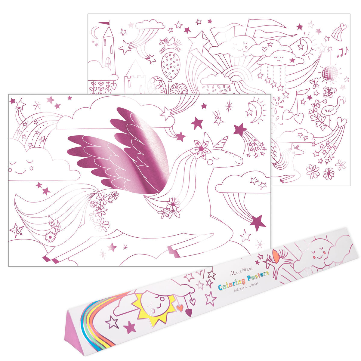 Introducing the Meri Meri Coloring Posters by Meri Meri, showcasing whimsical designs with a flying unicorn, stars, clouds, and musical notes. The set also includes a decorative packaging box ideal for bedroom decoration or as a rainy day activity. Enhanced with copper foil details, these posters offer an extra touch of magic.