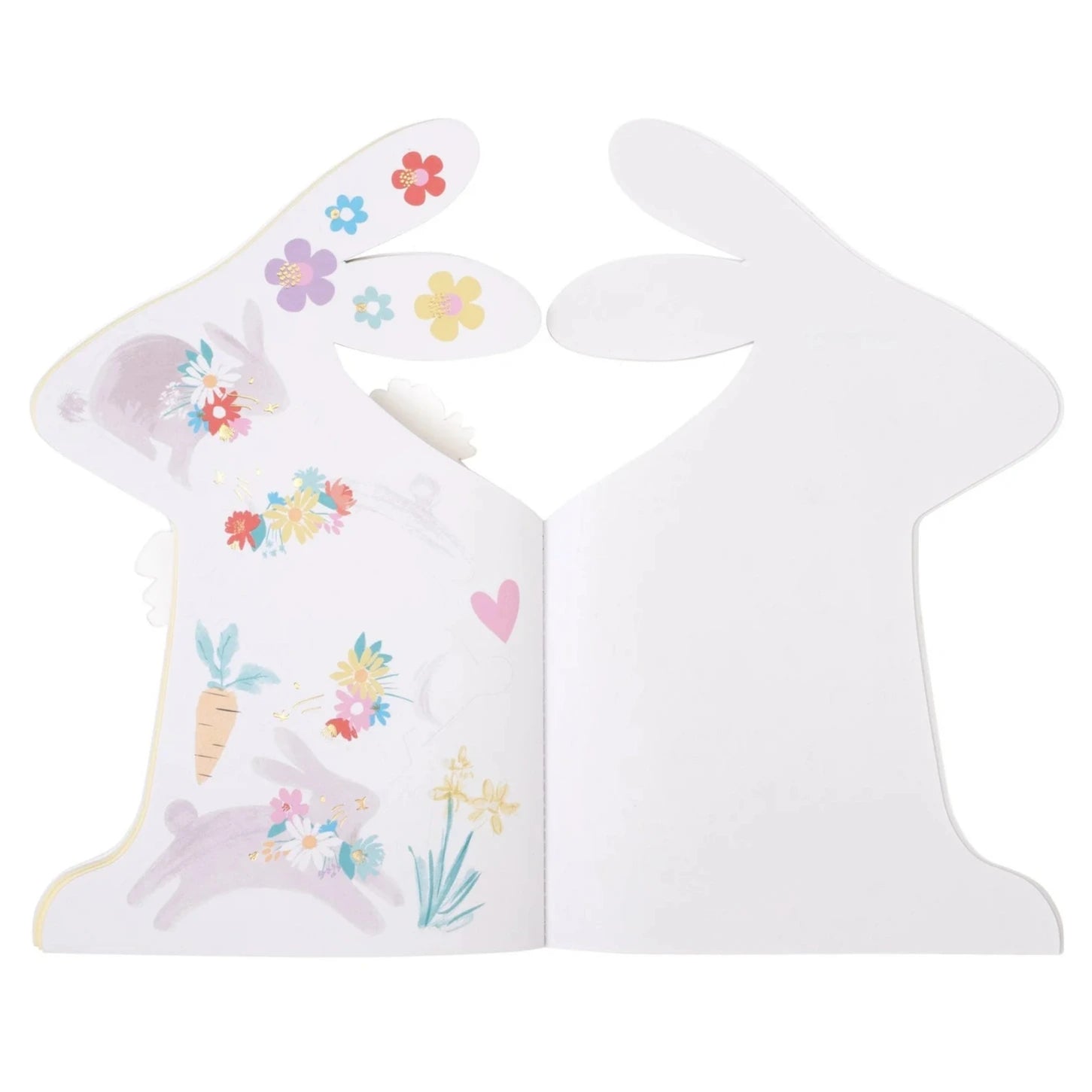 Explore the Meri Meri Spring Bunny Sticker Book with bunny-shaped pages, adorned with vibrant floral and bunny illustrations. This creative gift is an ideal non-candy Easter present for loved ones.