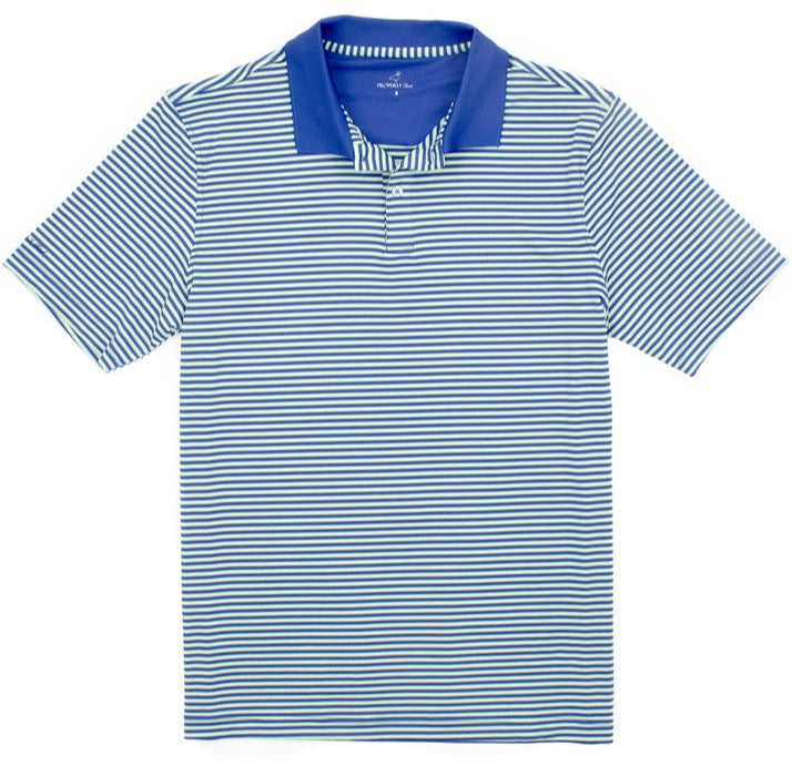 The Properly Tied Boys' Dallas Polo embodies the essence of comfort with its blue and white stripes and solid blue collar.