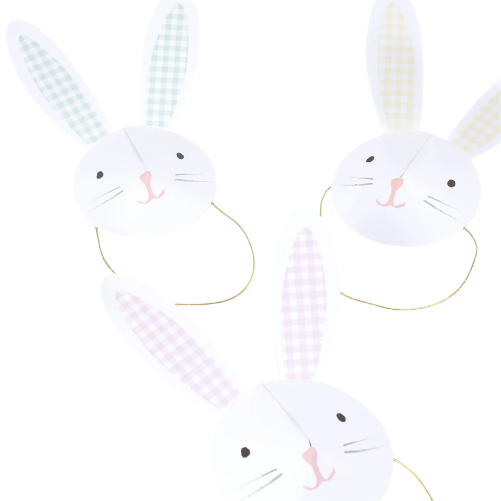 Meri Meri's Bunny Party Hats feature three paper masks with pastel gingham plaid ears and attached strings, creating a charming fascinator style on a white background.