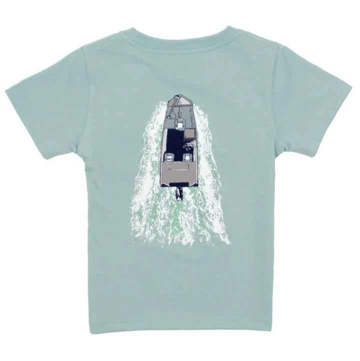 The Boys' On the Water SS Tee by Properly Tied features a light blue design with an overhead graphic of a small boat cutting through the water and leaving a wake behind.