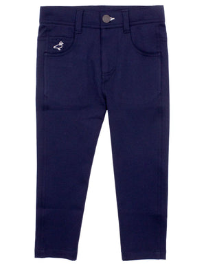 The Properly Tied Boys' Fairway Performance Pant is a pair of navy blue, wrinkle-resistant golf pants for kids with front pockets, a button closure, and a small embroidered duck on the right pocket.