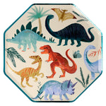 Featuring Meri Meri Dinner Plates, these vibrant designs showcase a variety of dinosaurs, such as a pterodactyl, sauropods, theropods, and a triceratops, all set against a backdrop of bright colors and lush foliage—ideal for young children's parties.