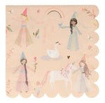 A Meri Meri Large Napkins featuring illustrations of four princesses, a swan, a unicorn, and a castle with a rainbow. Made from FSC mix paper, the 3-ply napkin has scalloped edges and floral accents.