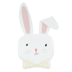 The Easter Bunny Plates by Meri Meri feature a lop-eared bunny face with pink ears and a checkered bow tie on a white background, perfect for adding charm to your Easter party decor.