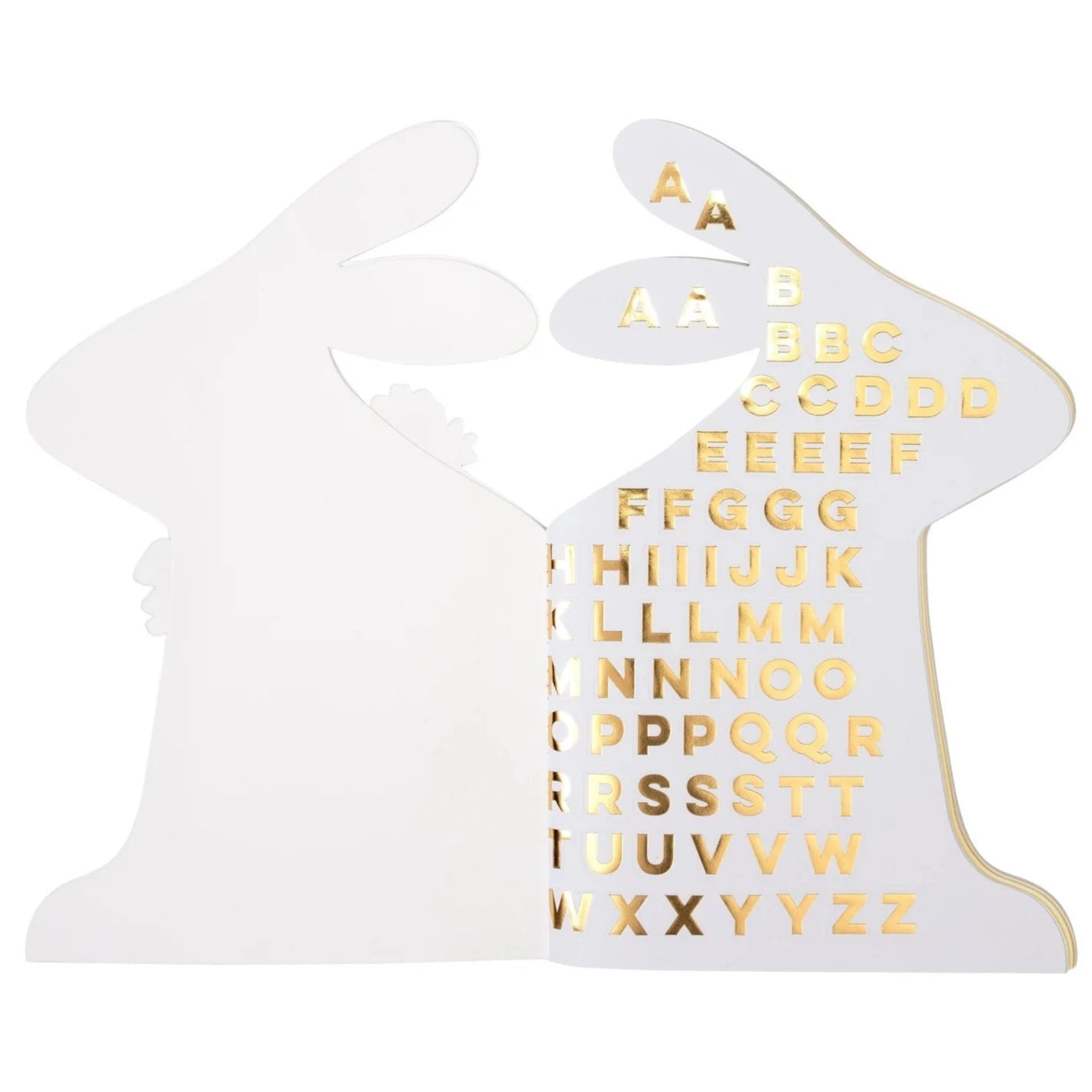 The Meri Meri Spring Bunny Sticker Book, shaped like an open book, features gold foil uppercase alphabet letters on the right page, making it a perfect Easter gift.