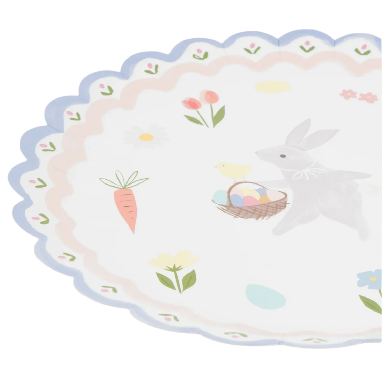 The Easter Bunny Dinner Plates by Meri Meri boast a charming scalloped design with the Easter Bunny, chick, carrots, flowers, and colorful eggs—ideal for adding cheer to your Easter dinner table!.