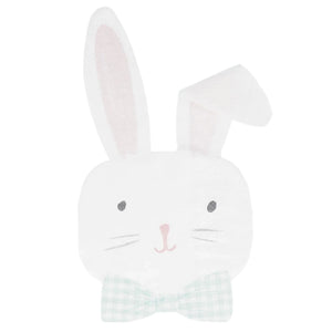 A charming illustration of a smiling bunny face with long ears and a green gingham bow tie, the Meri Meri Easter Bunny Napkins evoke an adorable lop-eared bunny set against an Easter table backdrop.