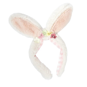 The Meri Meri Plush Bunny Ears & Tail Set features a fluffy white headband with tall bunny ears made from plush fabric, lined in pink, and adorned with pastel flowers and a pink gingham ribbon—ideal for delightful dress-up.