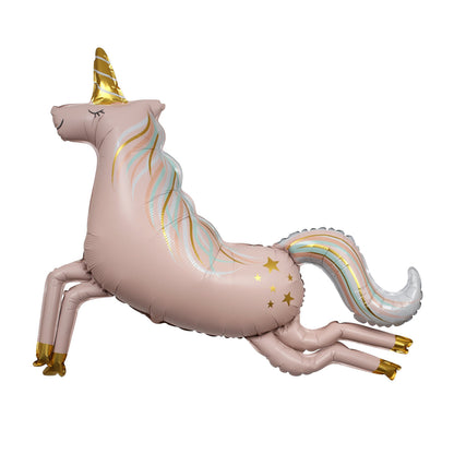 The Meri Meri Foil Balloon, featuring a unicorn shape with a pastel-colored mane, golden hooves, and horn against a white background, serves as a magical party decoration.