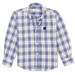 The Boys' Classic Flannel by Properly Tied is a long-sleeve, 100% cotton button-up featuring a blue, white, and beige plaid pattern with a small embroidered chest logo for all-day comfort.