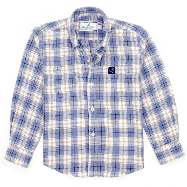 The Boys' Classic Flannel by Properly Tied is a long-sleeve, 100% cotton button-up featuring a blue, white, and beige plaid pattern with a small embroidered chest logo for all-day comfort.