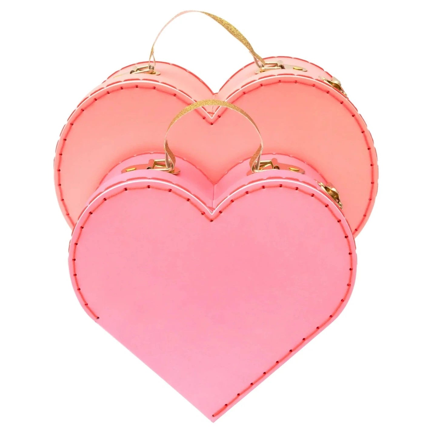 The Meri Meri Heart Suitcase, Large, in light pink and peach with gold glittery handles and edge stitching, overlap each other. An ideal Valentine's Day gift from Meri Meri, these charming accessories add a romantic touch.