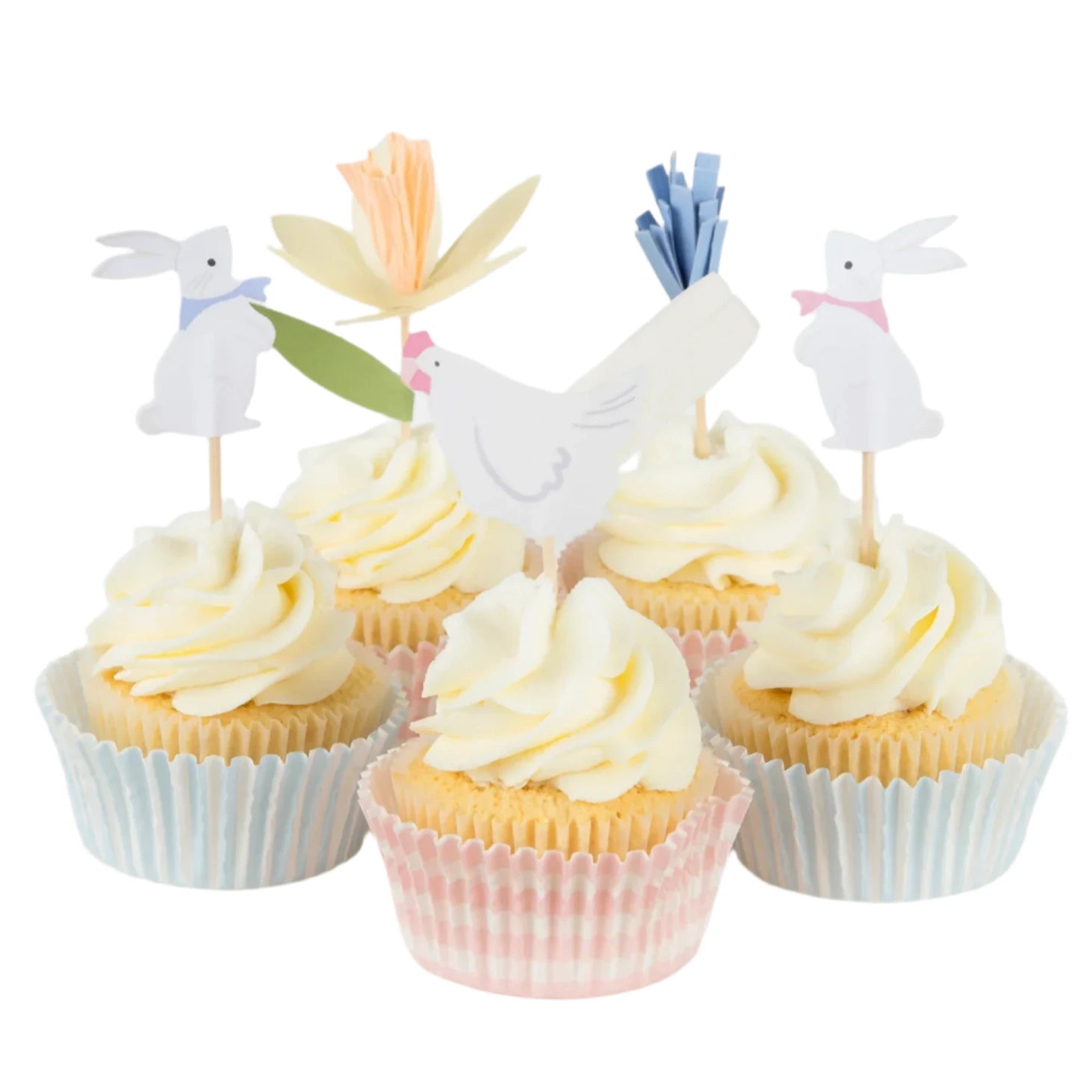 The Easter Cottage Cupcake Kit by Meri Meri includes five cupcakes with white frosting, pastel wrappers, and creative toppers featuring rabbits, a hen, and a flower.