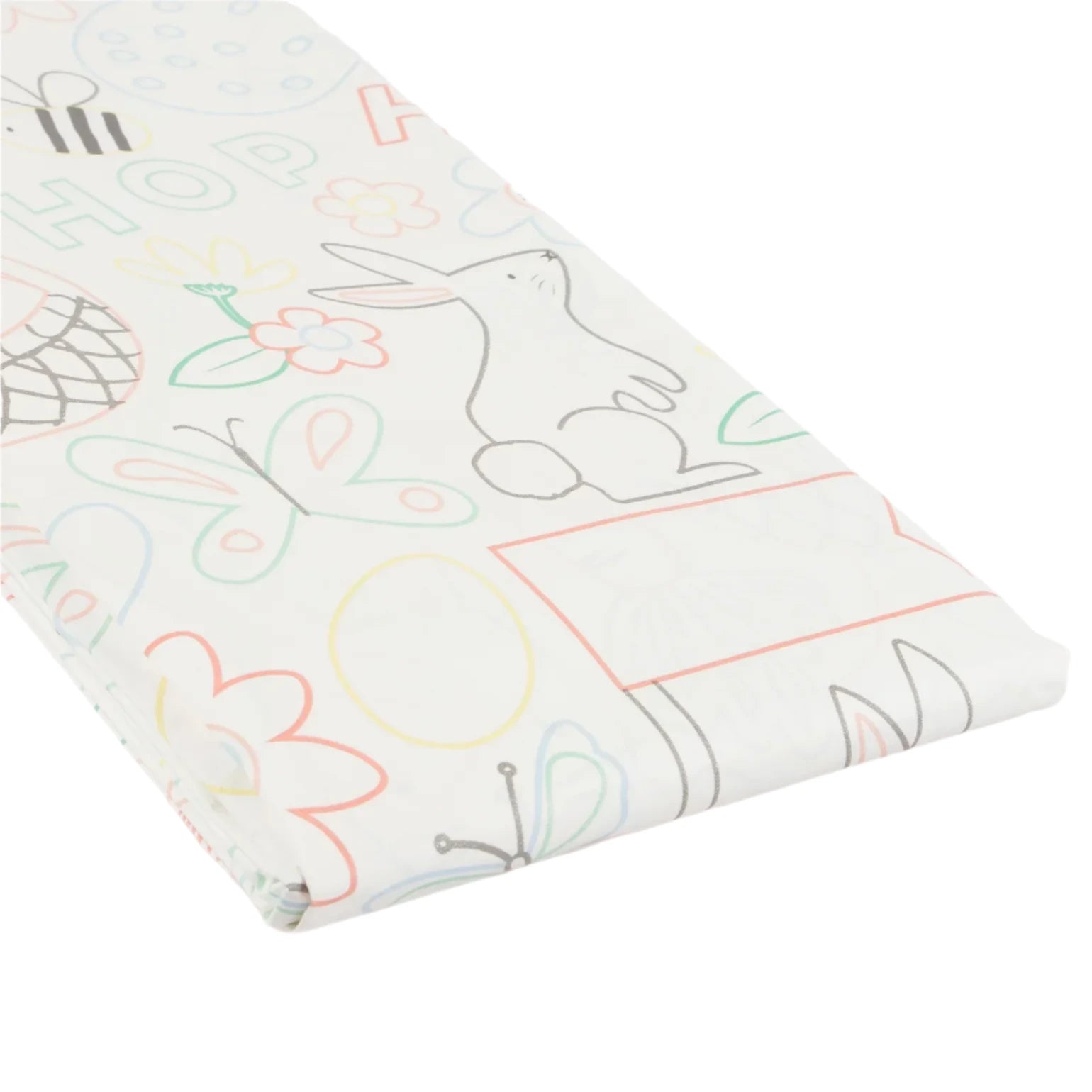 The Easter Colour In Activity Tablecloth by Meri Meri features folded fabric with pastel outlines of butterflies, flowers, a rabbit, and abstract shapes on a white background—perfect for creative Easter party ideas.