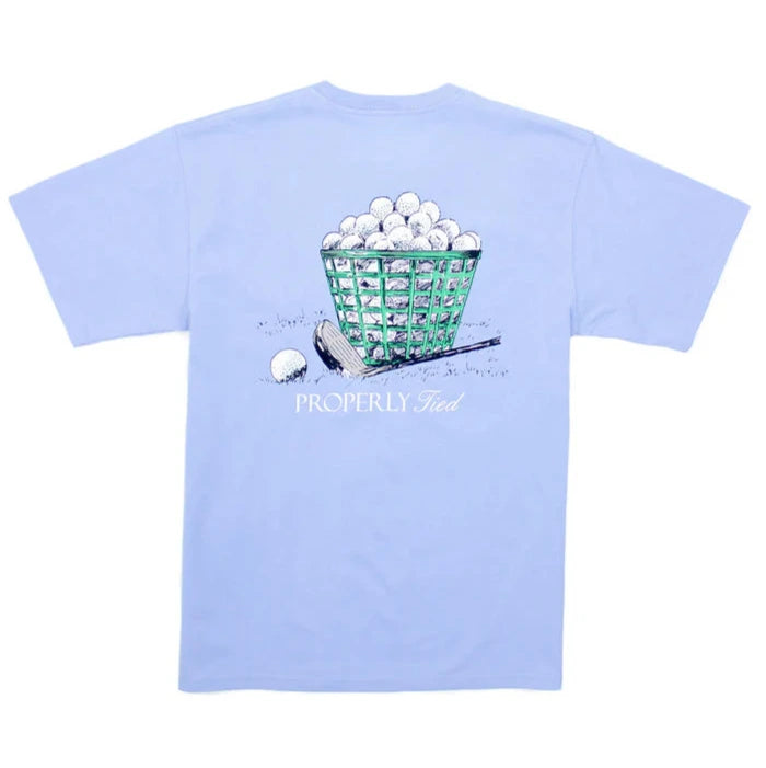 Light blue Boys' Short-Sleeve Tee in Pima cotton featuring hand-drawn golf club, ball, and basket graphics. Text reads "Properly Tied." Brand: Properly Tied.