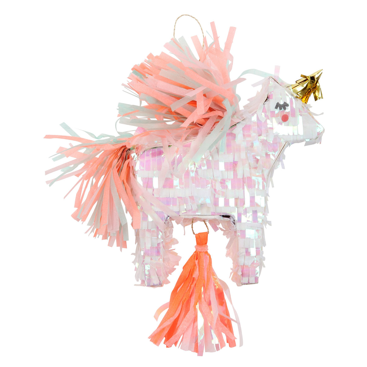 The Meri Meri Piñata Favor, decorated with pastel pink and white fringe, a golden horn, and a tassel hanging from its underside, is the perfect centerpiece for a themed party. Complete the magical celebration with matching temporary tattoos from Meri Meri as fun party favors!