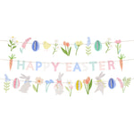 Meri Meri's Easter Garland features pastel "Happy Easter" letters encircled by flowers, rabbits, a chick, carrot decorations, and honeycomb eggs.