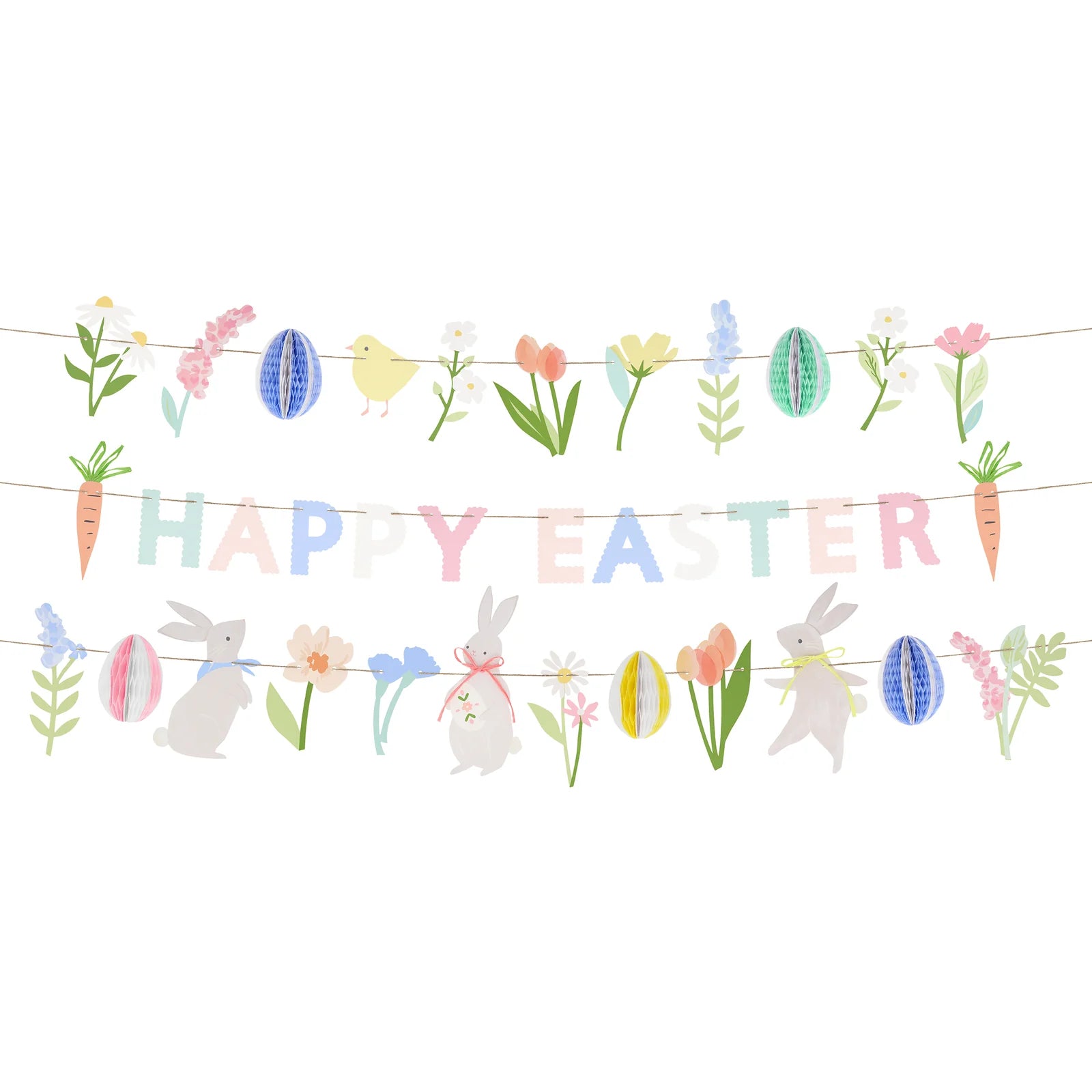 Meri Meri's Easter Garland features pastel "Happy Easter" letters encircled by flowers, rabbits, a chick, carrot decorations, and honeycomb eggs.