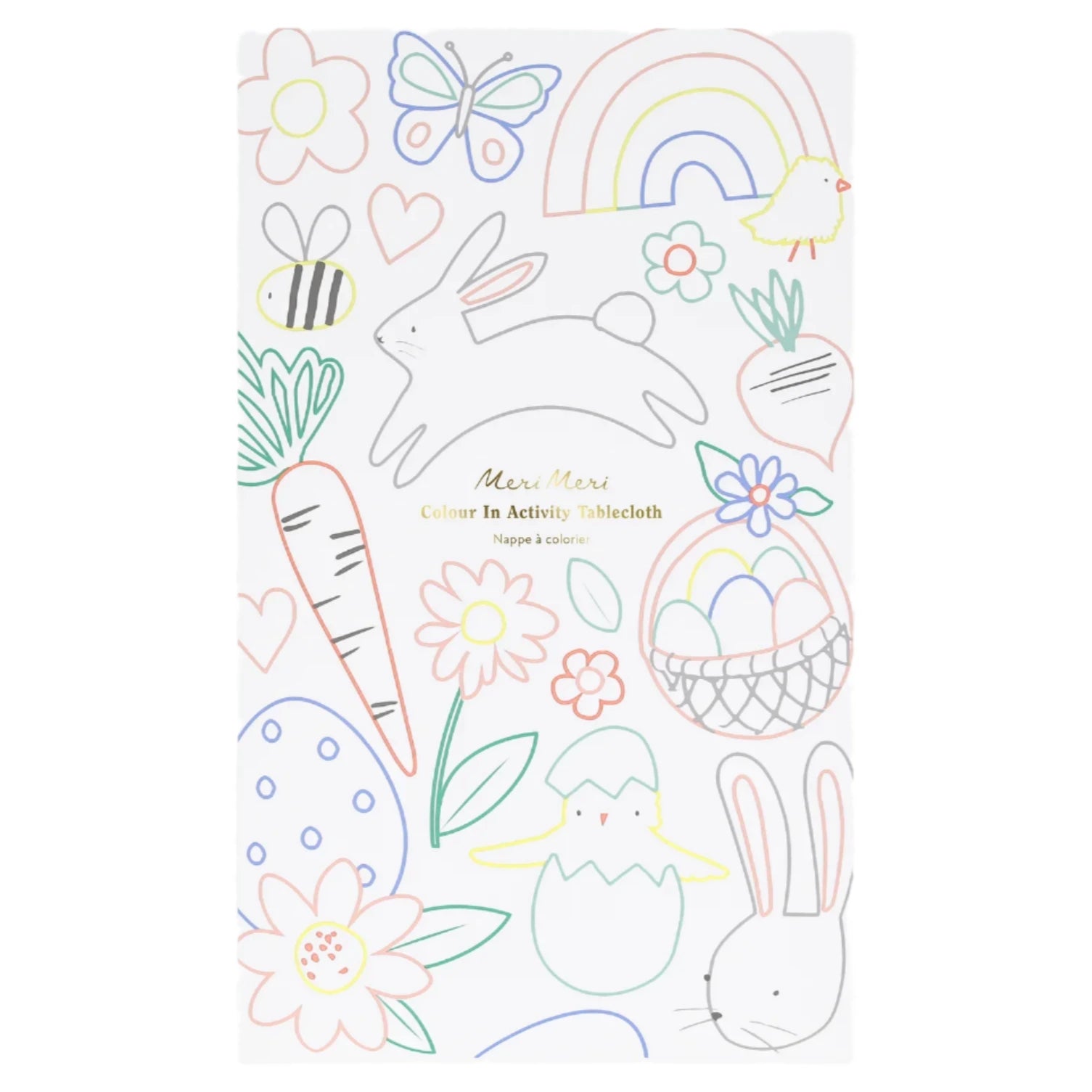 Unleash your creativity with the Easter Colour In Activity Tablecloth by Meri Meri, featuring doodles of a rabbit, carrot, flowers, eggs, chick, bee, butterfly, rainbow, and basket. It's an ideal addition to your Easter party celebrations!.