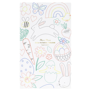 Unleash your creativity with the Easter Colour In Activity Tablecloth by Meri Meri, featuring doodles of a rabbit, carrot, flowers, eggs, chick, bee, butterfly, rainbow, and basket. It's an ideal addition to your Easter party celebrations!.