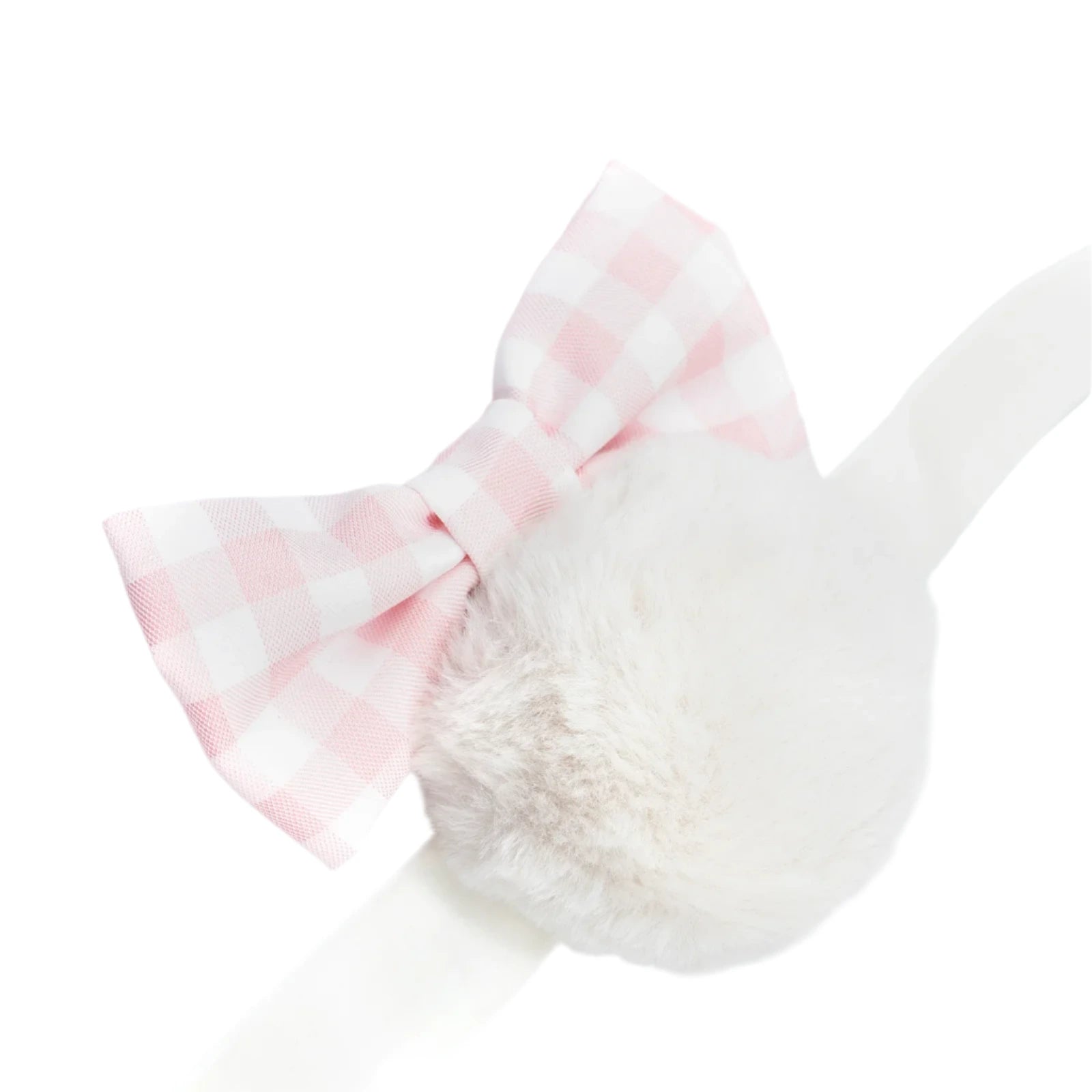 The Meri Meri Plush Bunny Ears & Tail Set features a fluffy white pom-pom headband adorned with a pink and white gingham bow, all set against a plain white background.