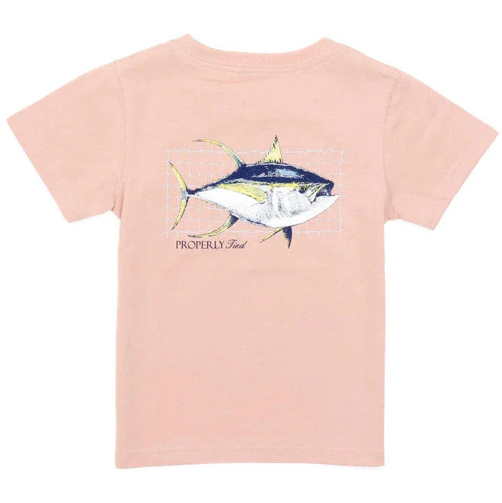The Boys' Short-Sleeve Tee from Properly Tied is crafted from soft Pima cotton and features hand-drawn whimsical fish graphics with "PROPERLY Tied" elegantly printed below.