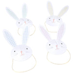 Meri Meri's Bunny Party Hats include four paper masks featuring long ears, elastic bands, and pastel gingham patterns in blue, yellow, green, and pink.