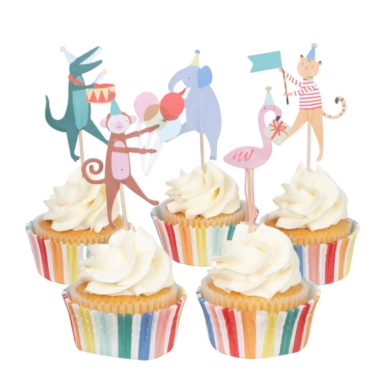 Meri Meri's Cupcake Kits feature five charming cupcakes adorned with striped wrappers and festive animal-shaped toppers, including a dog, elephant, cat, flamingo, and monkey—ideal for any celebration!